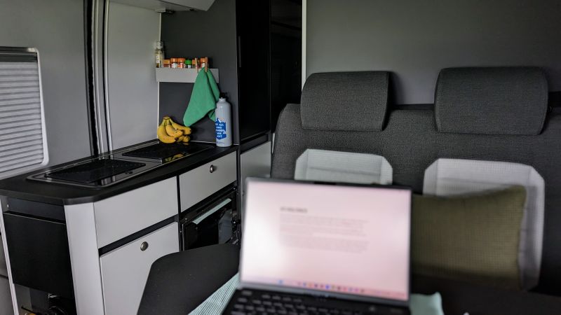My morning workspace in the van